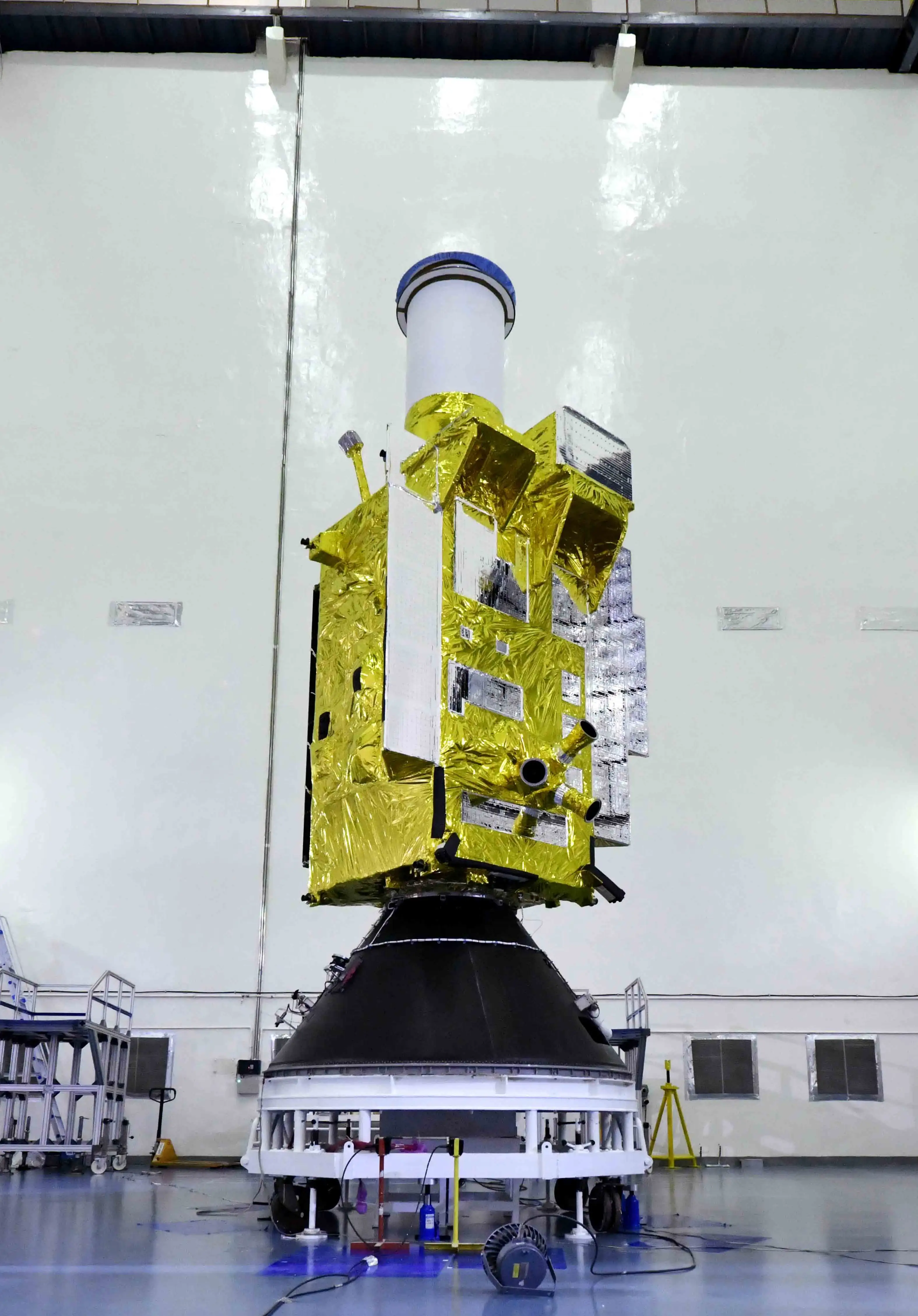 EOS-05 spacecraft in the cleanroom before encapsulation. Image credit: ISRO