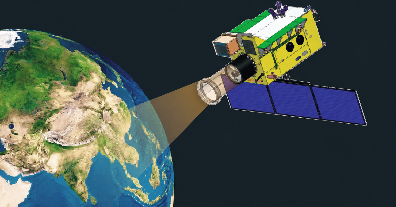 EOS-05 looking at Earth from geostationary orbit. Representative image from the ISRO launch brochure, enhanced using AI